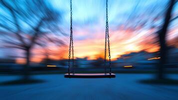 A swing hanging in the air at sunset photo