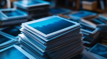 Stack of photos on a table with blue sky