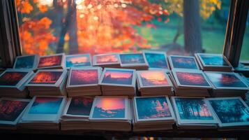 A stack of polaroid pictures on a table photo