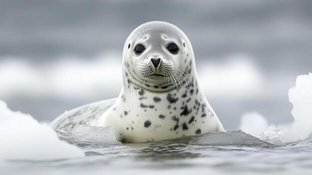 A seal is swimming in the water with ice photo