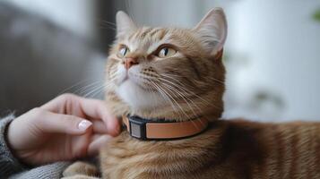 A person petting a cat wearing a leather collar photo