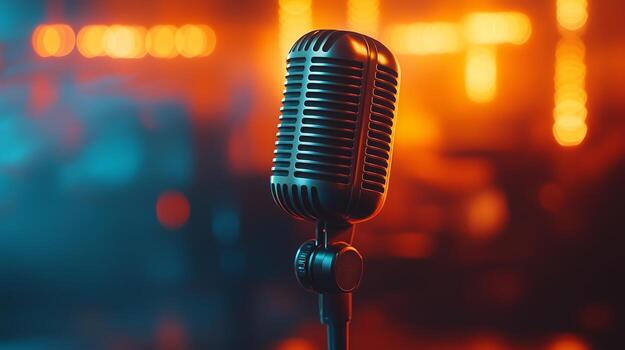 A microphone on a stage with a blurred background photo