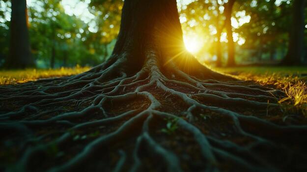 The sun shines through the tree roots of a tree photo