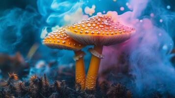 Two mushrooms with colorful smoke and water photo