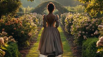 A woman in a long dress walks through a garden photo