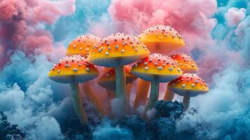 A group of mushrooms in the clouds photo