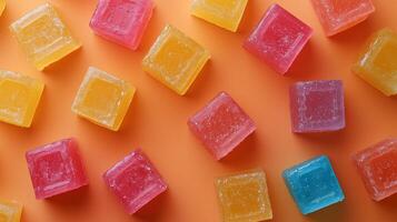 A colorful assortment of gummy candies on a yellow background photo