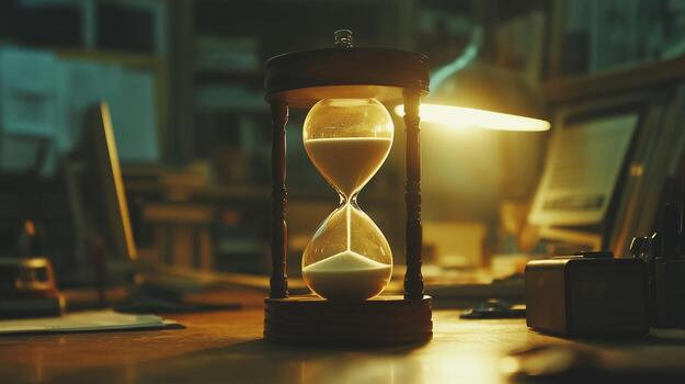 An hourglass sitting on a desk in front of a computer photo