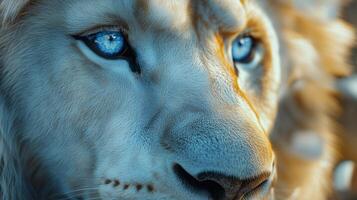 A close up of a white lion with blue eyes photo