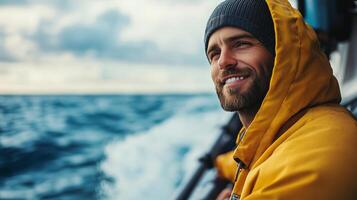 A man in a yellow jacket smiles while sitting on a boat photo