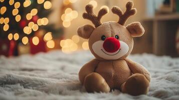 A stuffed reindeer sitting on a blanket in front of a christmas tree photo