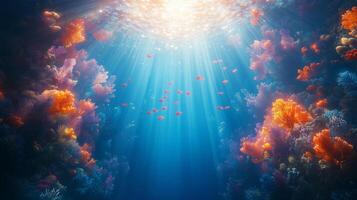 Underwater scene with sun rays and coral reef photo