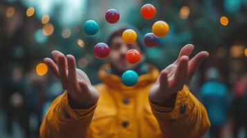 A man is juggling colorful balls in front of him photo