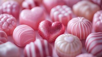 A close up of many pink and white chocolates photo