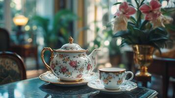 A tea pot and cup on a table in a hotel room photo