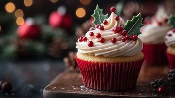 Christmas cupcakes with frosting and holly leaves photo