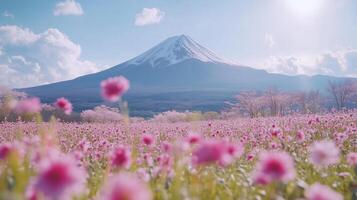 A field of pink flowers and a mountain in the background photo