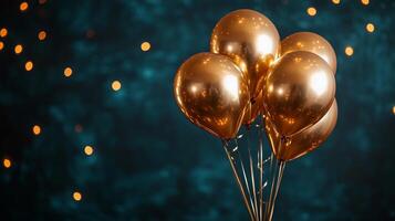 Gold balloons on a blue background photo