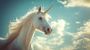 A majestic unicorn standing gracefully, with a shimmering horn photo