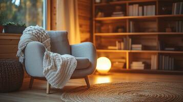 Cozy relaxing space with a rustic armchair glowing lamp photo