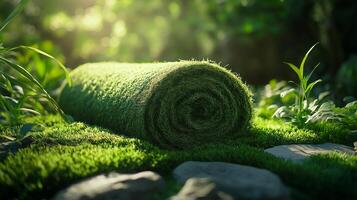 Freshly harvested rolls of grass carpet placed on lush green soil photo