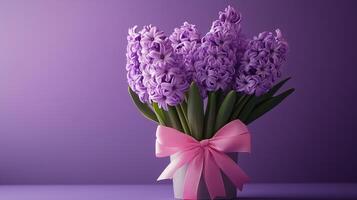Spring hyacinth flowers with pink bow on purple gradient background photo