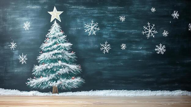 Chalk drawing of a Christmas tree on a blackboard with snowflakes photo