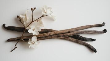 Vanilla blossom paired with dried vanilla pods against a white backdrop photo