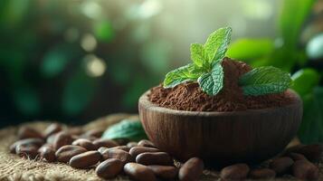 Cocoa beans with fresh mint on jute fabric alongside a wooden bowl photo