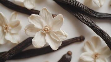 Vanilla blossom paired with dried vanilla pods against a white backdrop photo
