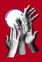 Open hands showing their palm vertical isolated over red background. Art collage digital pop modern art photo
