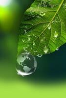 Green leaf with earth in water drop reflection under green leaf, water and environment concept photo