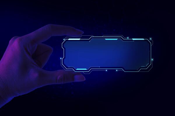 Businessman holding a Futuristic template interface hud purple, neon color