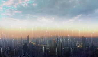 City scape with connecting dots for networking and communication. photo