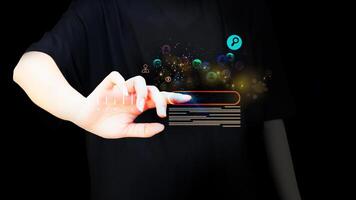 a person touching a virtual interface with icons photo