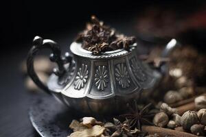 a silver teapot with spices and dried herbs photo