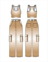 Front Back view of a extremely beautiful woman in a tank top and cargo pants with sneakers Sitting smiling and isolated vector