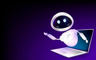 Robot AI Assistant Emerging from Laptop 3d illustration. Friendly chat bot robot assistant greets with hand from monitor. Modern technologies and Artificial intelligence concept banner illustration vector