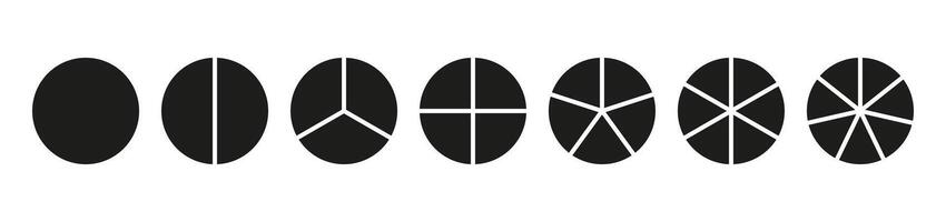 Circle division on 1, 2, 3, 4, 5, 6, 7 equal parts. Infographic minimalist set. Coaching blanks. Pie, pizza charts. Wheel round divided diagrams with one, two, three, four, five, six, seven segments. vector