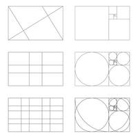Golden ratio frames, rectangles. Method golden section. Set of harmony proportions grids. Fibonacci array, numbers. Outline graphic layout. vector