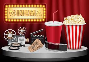 Realistic popcorn on stage with red curtains, popcorn concept in cinema and entertainment in cinema. 3D popcorn for Poster design, advertisement, web banner, billboard and etc. vector