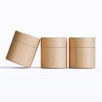 Three brown paper containers with lids on a white surface photo