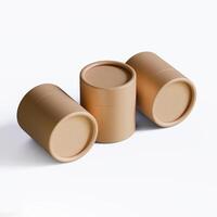 Three empty brown paper containers on a white surface photo