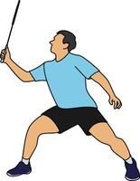 Illustration of a badminton player in a focused stance, preparing for a smash or return shot. The Athlete poised for a push shot, ready for action, holding a racket with determination vector