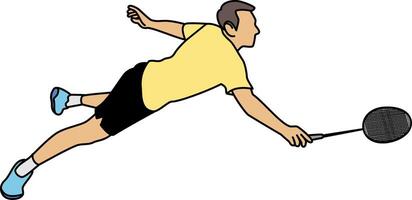 Illustration of a badminton player rush shot to return a shuttlecock, symbolizing determination and quick reflexes,demonstrates agility and focus,highlights athleticism and effort vector