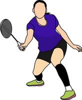 Illustration of a badminton player poised to hit a shuttlecock. The athlete wearing a purple shirt and green shoes is captured in motion with a racket and shuttlecock,showcasing energy and precision vector