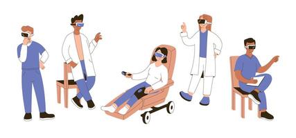 Set of Flat isolated illustrations of doctor people, diverse healthcare professionals and a patient using VR technology. Medical innovation, virtual reality application. vector