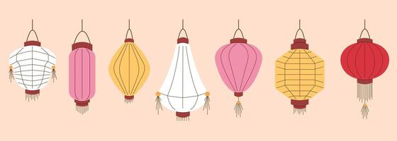 Set of traditional colorful Chinese lantern in various shapes in flat style. Perfect for festivals, celebrations and cultural events. Collection isolated on a white background. vector