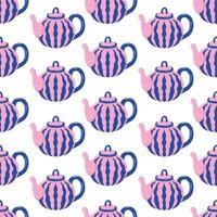 Seamless pattern of pink and blue teapots with wavy stripe design on a white background in fat style. Perfect for fabric, gift wrap, wallpaper or project with a fun and vibrant theme. vector
