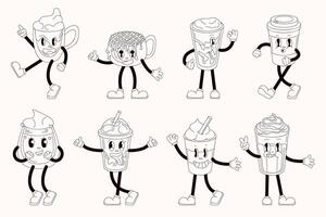 Set of groovy drink character in line art style. Perfect for cartoon retro design, branding, coloring books or playful beverage related design. vector